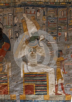 Painting of the god Osiris tomb number 16 of Rameses I in the Valley of the Kings in Luxor, Egypt.
