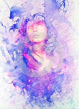 Painting Goddess Woman in cosmic space. Computer collage and marble Structure.