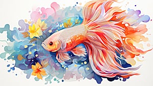 a painting of a goldfish with watercolor splashes on it\'s body and a flower in its mouth