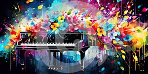 A painting of a grand piano surrounded by flower with splash of color