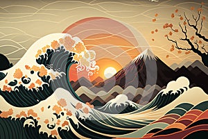 A Painting Of The Great Wave Of Kanagawa With Mountains