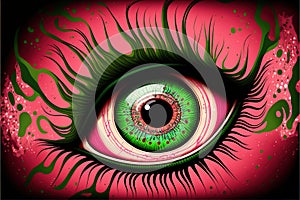 a painting of a green eye with pink and green swirls on it\'s iris and black background,