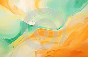 A painting of a green and yellow swirl with a blue background. The painting has a feeling of movement and energy