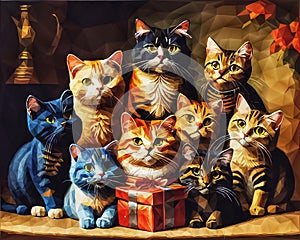 A painting of a group of cats sitting next to each other. Beautiful picture of Cats.