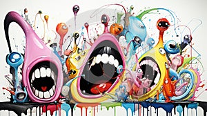 a painting of a group of colorful monsters with their mouths open and teeth wide open and dripping paint all over them