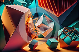 a painting of a group of colorful objects on a table top with a yellow background and a red one