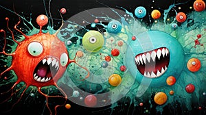 a painting of a group of monsters with their mouths open and eyes wide open in front of a black background