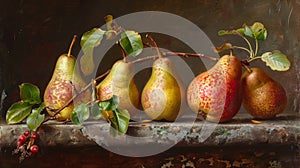 A painting of a group of pears on the side of a wall, AI