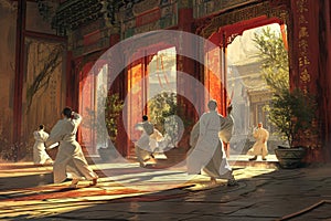 Painting of a Group of People in a Courtyard, A serene illustration of tai chi practice in an ancient temple, AI Generated