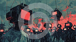 A painting of a group of people with television sets for heads standing in a field