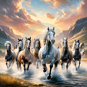 A painting of a group of Wild horses running through a river.