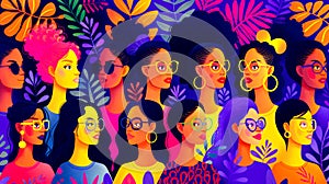 Painting of group of women with bright colored hair and glasses on. AI