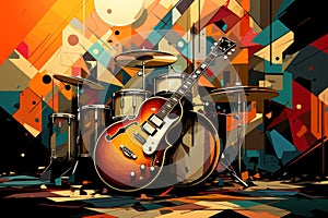 A painting of a guitar and drums on a stage. Generative AI image.