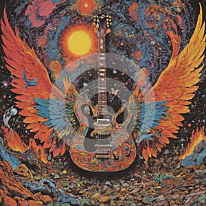 A painting of a guitar with wings on it, an album cover.