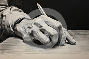 Painting of the hands of the old man with pencil. image of a hand skillfully drawing on a paper press, AI Generated