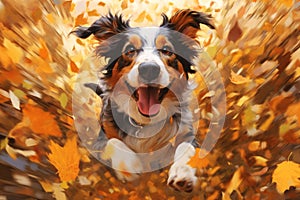 Painting of a happy Dog, Australian Shepherd in autumn leaves.