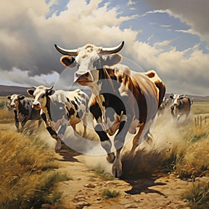 A painting of a herd of cattle running across a field