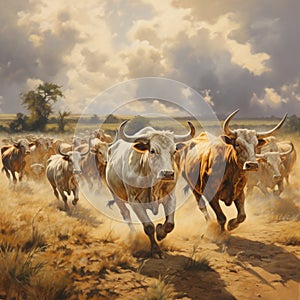 A painting of a herd of cattle running across a field