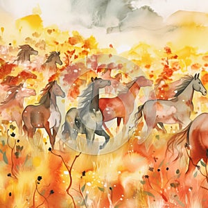 A painting of a herd of horses running through a field. Generative AI image.