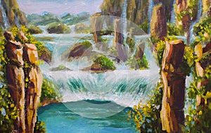 Original Oil Painting on canvas High yellow mountains in China, beautiful turquoise waterfalls, beautiful nature, dreams, mountain