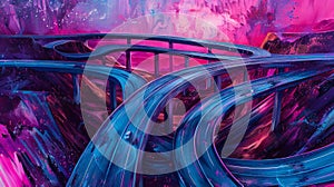 A painting of a highway with many curves and twists, AI