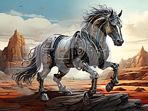 a painting of a horse running through the desert at sunset