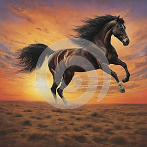 Painting of a horse running in a field at sunset.