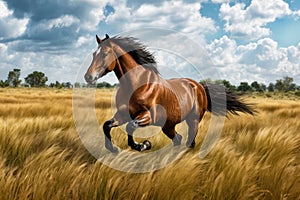 Painting of horse running through field of wheat or barley. Generative AI