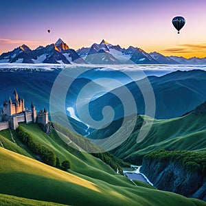 painting of hotr balloon flying over mountain range with castle on top and