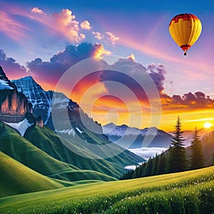 painting of hotr balloon flying over mountain range with castle on top and