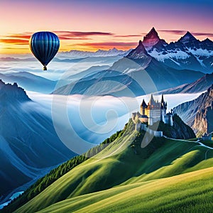 painting of hotr balloon flying over mountain range with castle on top and