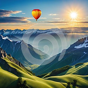 painting of hotr balloon flying over mountain range with castle on top and