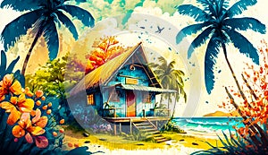 Painting of house on the beach with palm trees and bird flying over it. Generative AI