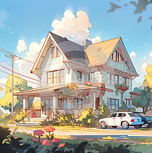 A painting of a house with a car parked in front of it Illustration animation