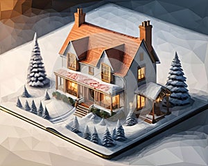 A painting of a house decorated for christmas. Beautiful picture of house. 3d rendering.