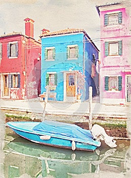 Painting of houses along the canal and a boat in Burano Venice