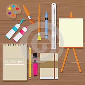 Painting icon vector object palette paint tools equipment art brush canvas sketch book oil tube ruler pencil