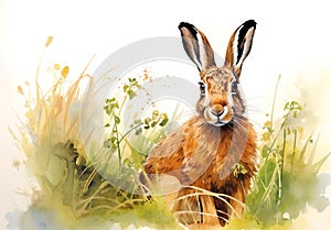 A painting illustration brown rabbit in a field of grass