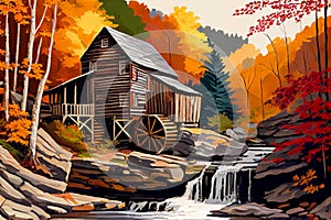 Painting illustration of Glade creek grist mill in autumn time, Humanly enhanced AI-generated