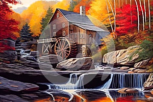 Painting illustration of Glade creek grist mill in autumn time, Humanly enhanced AI-generated