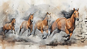 Painting illustration of three horses running in a line. AI Generated