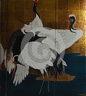 Painting of Japanese cranes with gold background photo