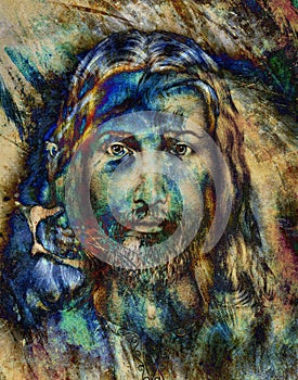 Painting of Jesus with a lion, on beautiful colorful background, eye contact and lion profile portrait.