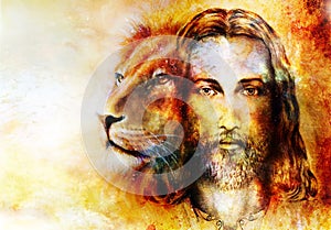 Painting of Jesus with a lion, on beautiful colorful background with hint of space feeling, lion profile portrait.