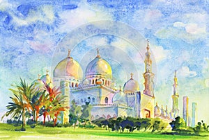 Painting Jumeirah Mosque. Hand drawn muslim sight. Watercolor arabian illustration