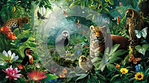 A painting of a jungle with big cats, trees, and lush vegetation