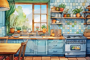 A painting of a kitchen with blue cabinets and a window, AI