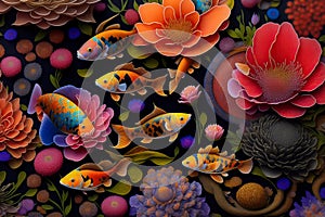 A painting of koi fishes and flowers aquatics on aquarium with black background. Generative Ai