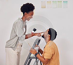 Painting, ladder or funny black couple in DIY, home renovation or house remodel together with paintbrush. Playing, smile