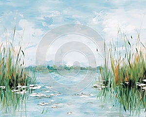 a painting of a lake with reeds and water lilies